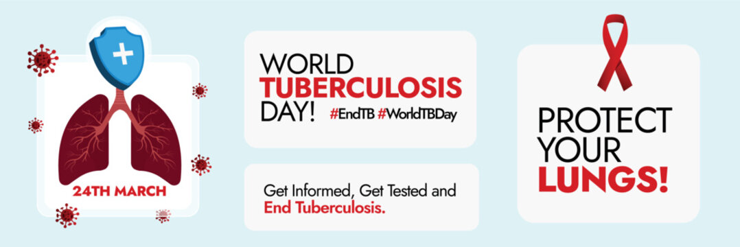 World Tuberculosis day. 24 march World TB day celebration social media  banner with different labels, stickers about Tb awareness. Protect your lungs, get informed, get tested and end Tb. Red ribbon.