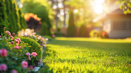 Tranquility and Elegance: Manicured Lawn and Flower Bed with Shrubs Basking in Sunlight Against a Backdrop of Residential House Backyard