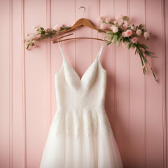 wedding dress on a wooden hanger