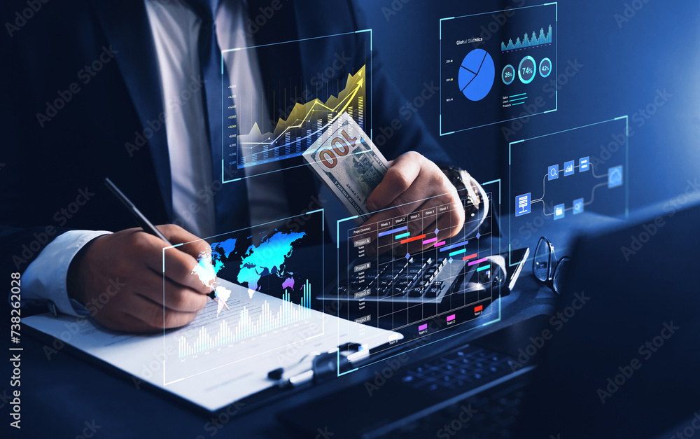 Poster business finance data analytics graph. advisor using kpi dashboard on virtual screen.financial manag