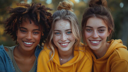 Fototapeta premium multiracial group of three teenage girls with unretouched skin chatting happily sitting on a bench outside the university campus.generative ai