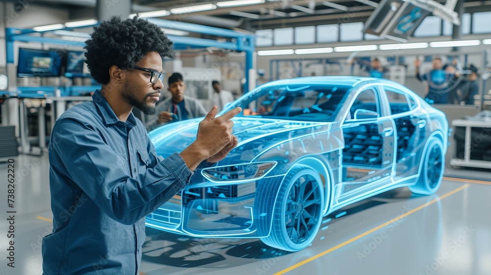 Poster engineer programming autonomous vehicle with interactive holograms and blurred background