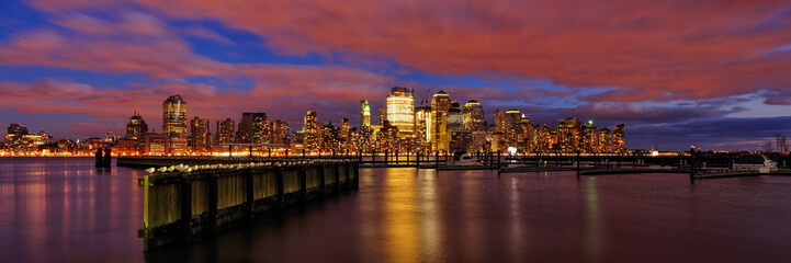 Panorama view of Manhattan skyline across the Hudson River from the waterfront Walkway in Jersey...