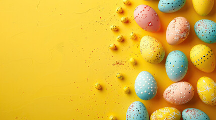 Fototapeta na wymiar Happy Easter card. Frame with bright pastel speckled easter eggs with copy space for text. isolated on vibrant yellow background,Happy easter flat lay concept with copy space