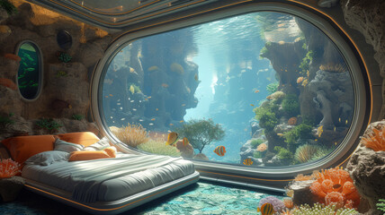 Incredible futuristic underwater bedroom, big panoramic view of the tropical fishes and reef,generative ai