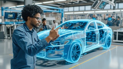 Engineer programming autonomous vehicle with interactive holograms and blurred background