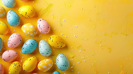 Fototapeta na wymiar Happy Easter card. Frame with bright pastel speckled easter eggs with copy space for text. isolated on vibrant yellow background,Happy easter flat lay concept with copy space