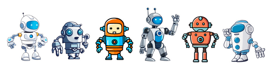 Obraz na płótnie Canvas Set of cute Robot, chatbot, AI bot characters, cartoon future mascots. Digital cyborg, technology service and communication artificial intelligence. Vector illustrations isolated.