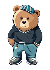 Teddy bear toy cartoon isolated on white background vector illustration graphic design. Teddy Bear boy standing in smart casual clothes, jacket, jeans, shirt, sneakers, hat.