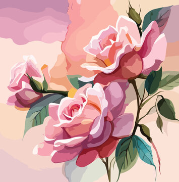 Gorgeous Pink roses and green leaves composition. Abstract bouquet vector illustration isolated on watercolor purple and beige background. Floral poster, greeting card, wedding invitation template.