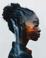 Exploring the vast expanse of the human mind: a silhouette of a woman's head against the backdrop of the sky and earth, where clouds and thoughts intertwine to form the ever-expanding universe within.