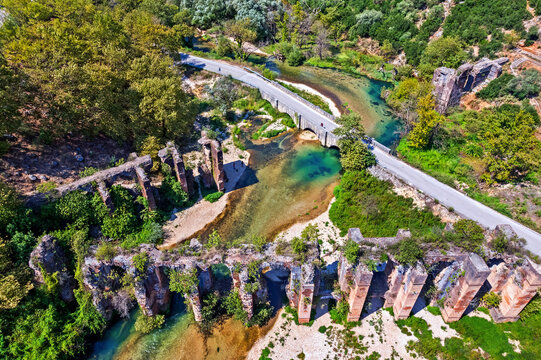 The Roman Aqueduct of Ancient Nikopolis and Louros river in Agios Georgios, Municipality of Philippiada, Preveza, Epirus, Greece.