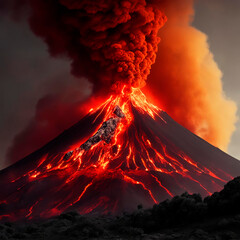 Volcanic eruption. Smoke comes from the crater of the volcano and fire lava flows. Natural phenomenon.