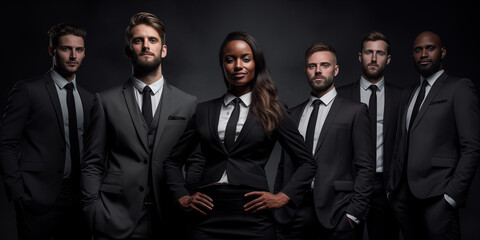 Portrait of a group of business people professionals smiling, a diverse group of business professionals, modern and multi-ethnic, standing together and facing the camera for shot