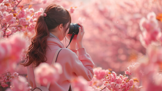 asian woman taking pictures in a cherry blossom garden on a spring day Rows of cherry trees in Kyoto Japan,