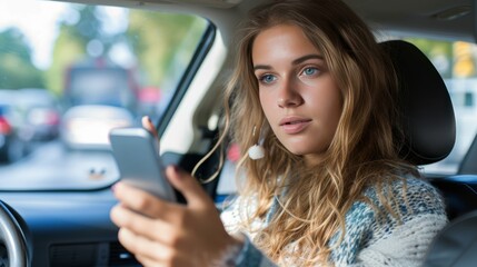 Distracted driving concept  young woman using smartphone while driving, posing a safety risk