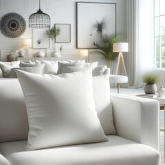 white pillow mockup on sofa closeup on white room blurred background