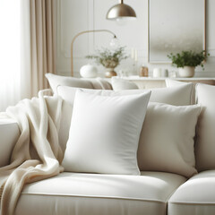 white pillow mockup on sofa closeup on white room blurred background