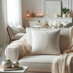 Fototapeta na wymiar white pillow mockup on sofa closeup on white room blurred background