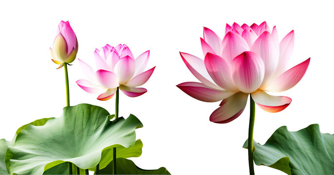pink lotus flower with leaves isolated on white transparent background  PNG