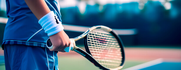 Young tennis player with blue equipment holding the racket on the tennis court.