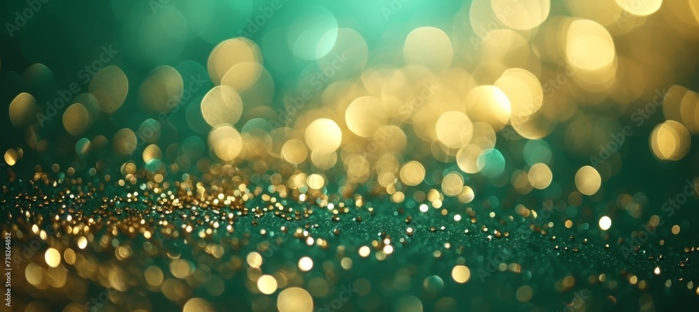 Poster golden bokeh on defocused emerald green background abstract blur bokeh banner background