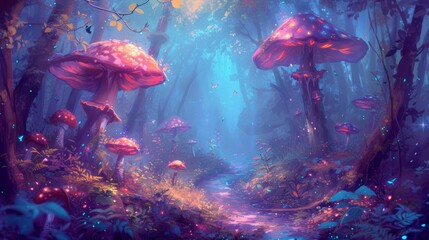 Naklejka premium Enchanting garden with towering blossoms, luminescent foliage, and shimmering magical mushrooms