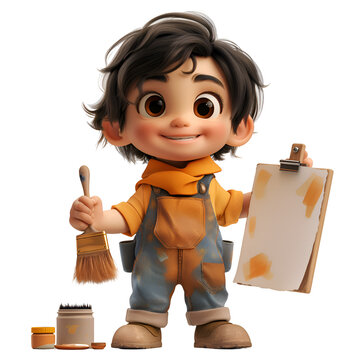 A 3D animated cartoon render of a smiling child artist holding a canvas. Created with generative AI.