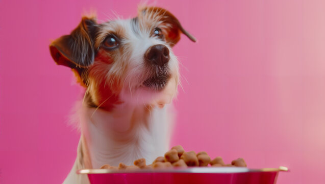 A watchful Jack Russel Terrier looks up eagerly, waiting to eat from a bowl of dog food with a lot of light in the background