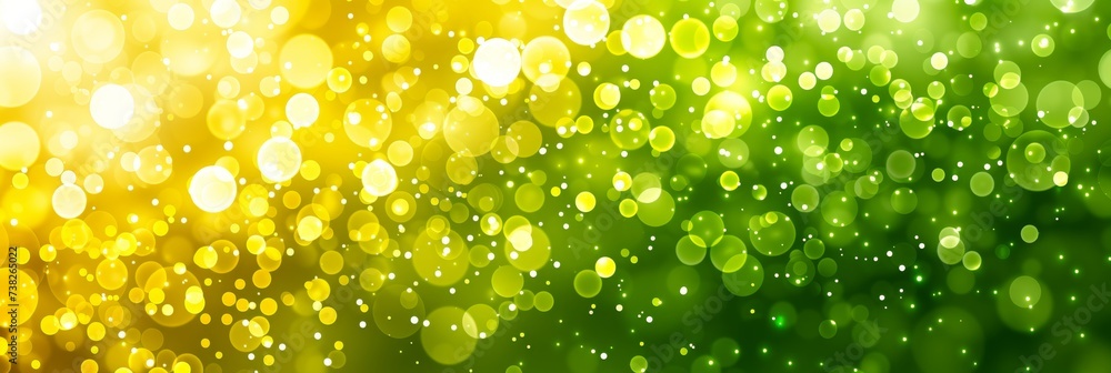 Poster golden bokeh lights on defocused green background with blurred effect for design and decoration.