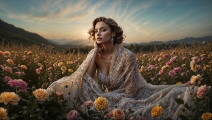 Fototapeta premium A beautiful woman in a dress sitting on a meadow.