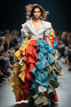 Model in Colorful Recycled Fabric Dress at Fashion Show