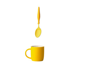 A yellow ceramic cup with a yellow spoon falling into it. Png.