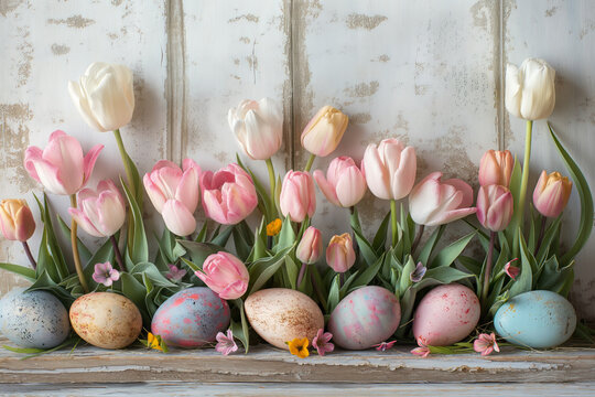 A rustic wooden backdrop with colorful tulips and decorated Easter eggs