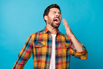 Photo portrait of attractive young man cover mouth sneeze dressed stylish checkered clothes...