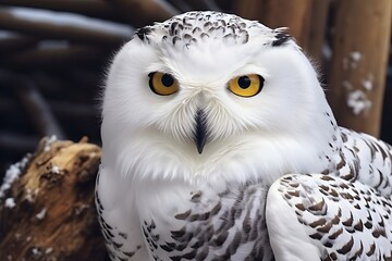 Fototapeta premium picturesque snowy owl perching close-up view