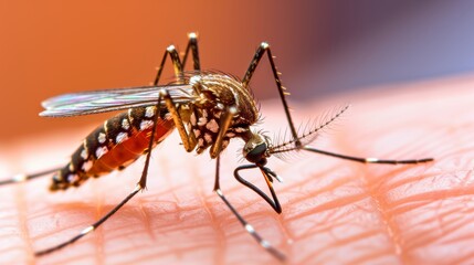 Close up view of a mosquito sucking blood on a human hand with copy space for text placement