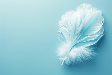 Ethereal white plume floating in mid air against light blue background, isolated and serene