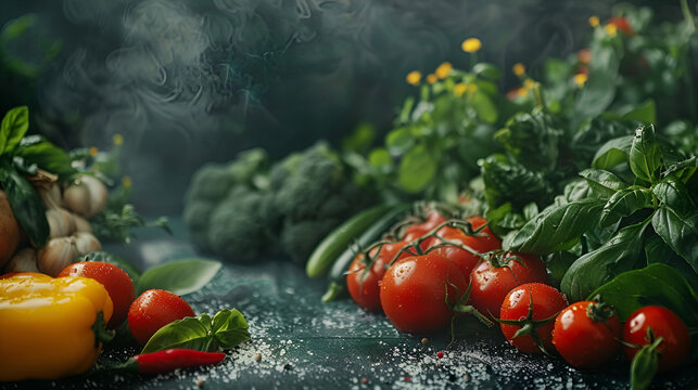 Food background with assortment of fresh organic vegetables, Shopping bag full of fresh vegetables and fruits, Frame of organic food. Fresh raw vegetables with black beans. Generative Ai