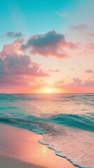 Naklejka na ściany i meble Colorful sunset on sandy tropical beach with beautiful sky, clouds, soft waves