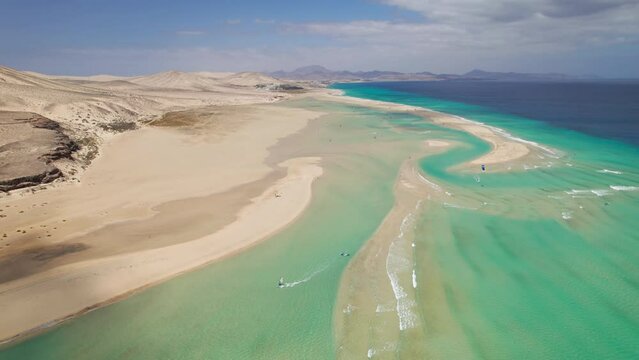 Aerial view of Playa de la Barca and Playa de Sotavento de Jandia, Fuerteventura, Canary islands, Spain