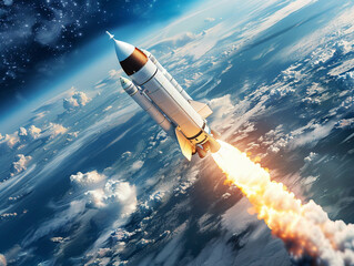 Aspiring rocket flight against a backdrop of success and corporate dreams