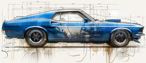 2D technical schematic of a car, blue and white,generative ai