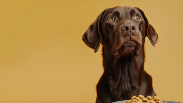 A watchful Labrador Retriever looks up eagerly, waiting to eat from a bowl of dog food with a lot of light in the background