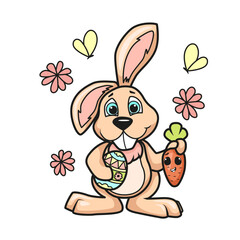 Funny Easter bunny with egg and carrot. Vector illustration on a white background