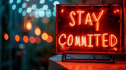 Stay committed text on blurred background, success concept on abstract defocused theme.