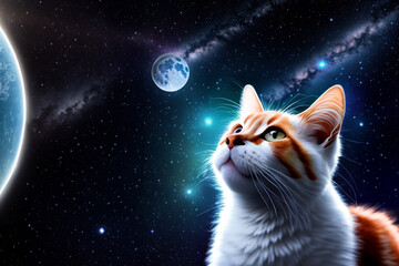 a  cat in the space, near the  moon