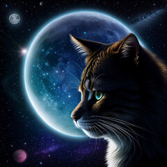 a  cat in the space, near the  moon