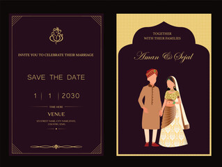 Indian wedding invitation card template design with Indian bride and groom character and event details.