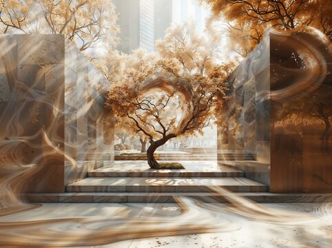 Surreal Image of a tree in a park with abstract architecture.
